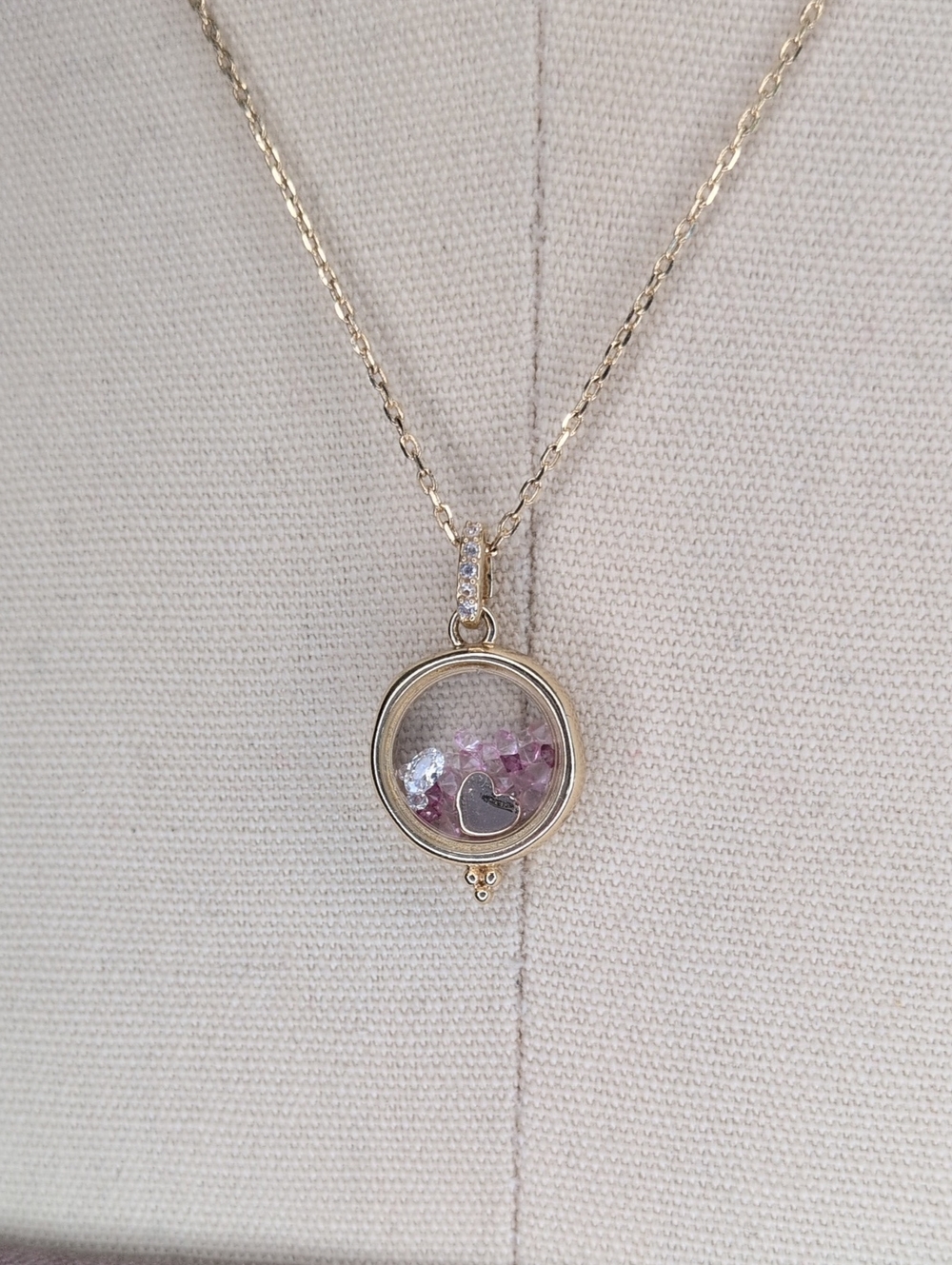 Gold Pendant Necklace with Pink Crystal Heart Charm